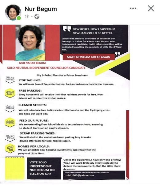 Nur Begum election leaflet