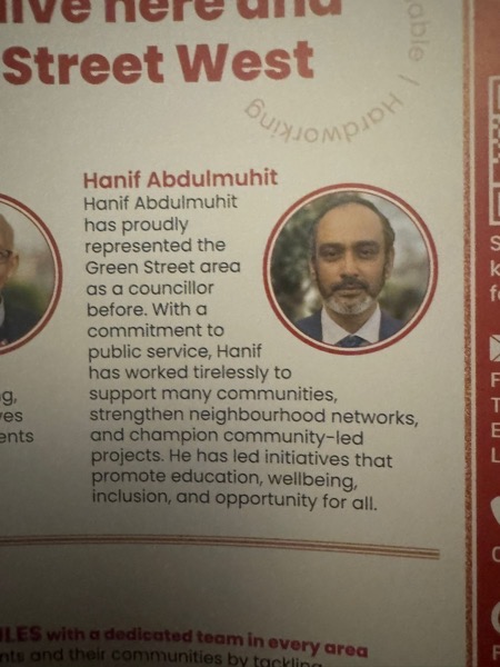 Hanif Abdulmuhit on a Labour leaflet