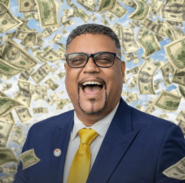 AI image of Mehmood Mirza being showered in cash